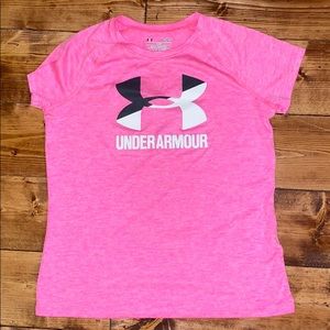 UNDER ARMOUR | SHORT SLEEVE GIRLS CREW NECK GRAPHIC PINK SHIRT SZ YLG